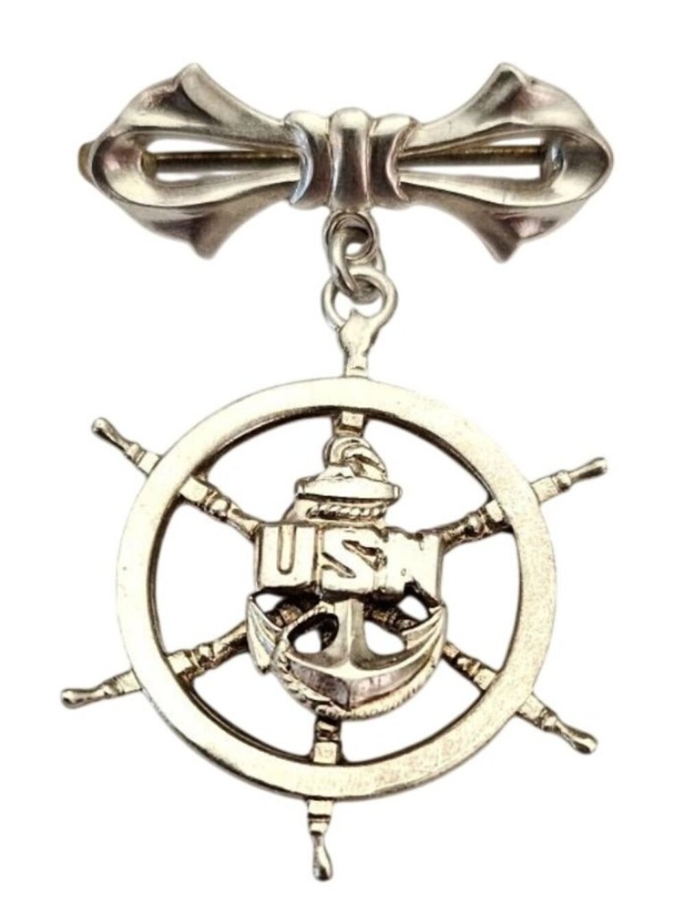 Sterling USN Ships Wheel On Bow Bar Charm Brooch Pin J884